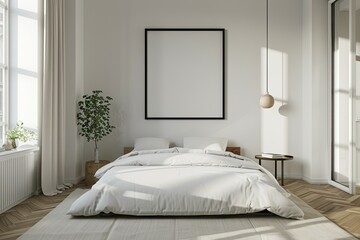 A blank black frame hangs on the wall, providing a clean canvas for artwork or photography