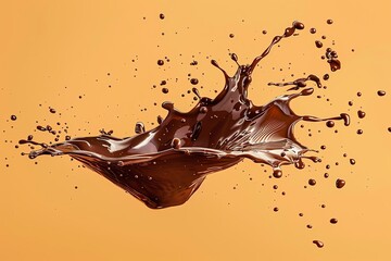 Chic graphic of a bold chocolate splash, isolated on a pastel orange background, symbolizing richness and elegance in a clean design