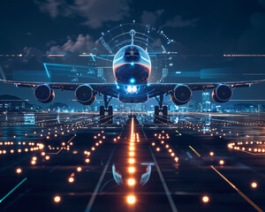 A digital composite image of a passenger jetliner taking off from an airport runway at night. The aircraft is shown in silhouette against a backdrop of a cityscape. - Powered by Adobe