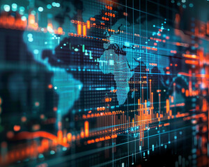 A glowing orange and blue circuit board with a world map in the center.
