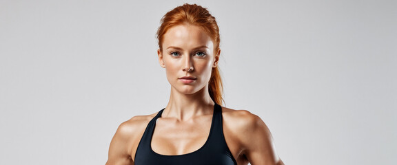 Young Caucasian fit ginger sexy woman standing isolated on a gray background. Studio portrait of a healthy muscular female.