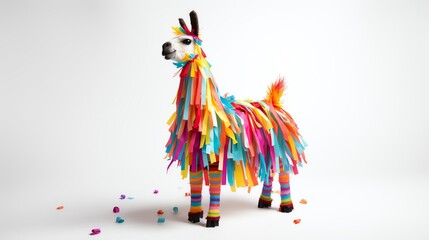 A freshly decorated llama pinata showcasing a modern twist with metallic confetti and bold stripes positioned on a solid white background for a clean eyecatching look