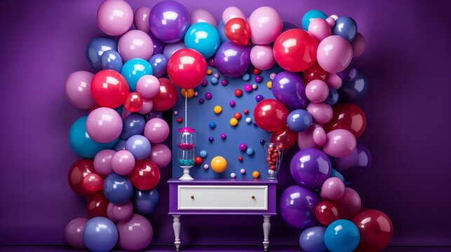 A fun and eyecatching gumball machine balloon wall arranged with a variety of bright and shiny balloons against a solid purple background perfect for festive gatherings or promotional events