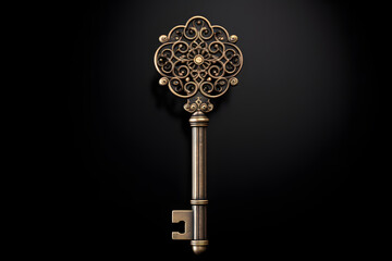 Vintage golden key on black background. 3d render illustration.