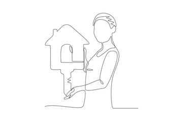 Woman with new house keys symbol. Buy a new house concept one-line drawing
