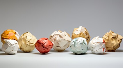 A neatly arranged sequence of crumpled paper balls prepared for a game of paper toss displayed on a solid white background for a clean and organized look