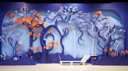 A striking giant backdrop that channels Matisses iconic paper cutouts crafted in bright oranges and purples positioned on a solid light blue background for a lively artistic expression