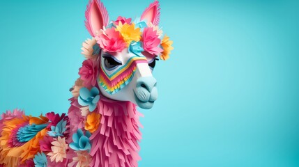 A vibrant llama pinata makeover featuring bright pastel colors and intricate patterns displayed against a solid light blue background for a festive and fun atmosphere