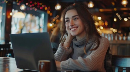 Beautiful woman using laptop at cafe. Young woman with coffee and laptop. Portrait of beautiful smiling woman sitting in a cafe with black laptop