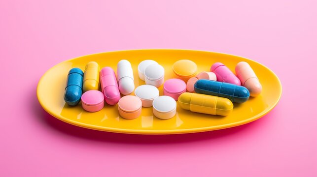 An assortment of pill capsule cookies crafted in various sizes and bright colors arranged on a solid pink background perfect for a pharmacy school graduation or medicalthemed event