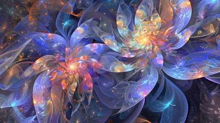 Cosmic blooms of iridescent petals, unfolding in a tapestry of light that whispers of timeless secrets.