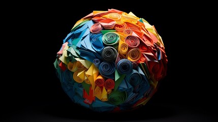 Colorful origami planet crafted from multicolored paper showcased against a solid black background to mimic outer space with ample copy space
