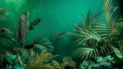 Fototapeta na wymiar A bold emerald green background with plants