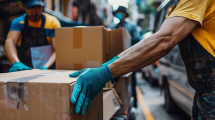 A man wearing a yellow shirt and blue gloves is holding a box