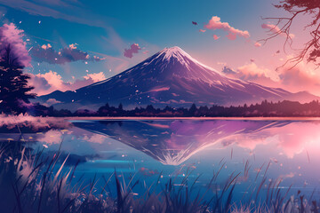 Fototapeta na wymiar Majestic mountain and lake landscape, anime style