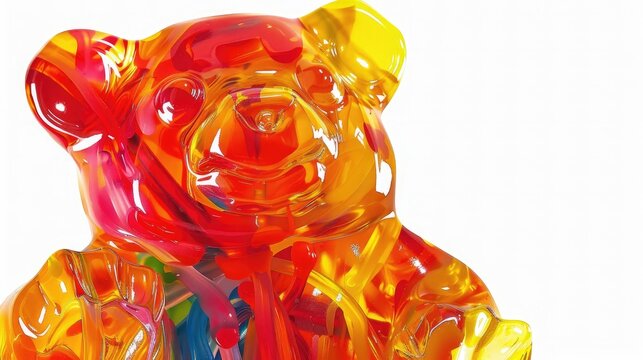 full image, frontal view + A clipart on white background, surrealistic oil painting of gummy bear made by translucent candy
