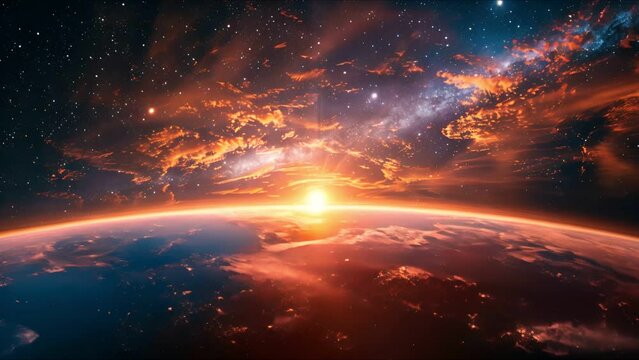 Dazzling neon sunrise over Earth, offering a unique perspective from space among stars