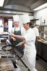 Team, meat and chef with frying pan in kitchen for catering service, fine dining or prepare dish....