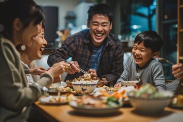 Happy family breakfast hour, father, mother, son, and daughter sit at a table filled with food in a dining room.