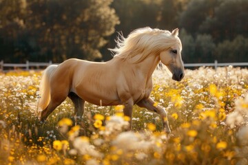 Blond Equestrian Riding Fast on a Palomino Horse through Flower Field - Emotion and Movement - obrazy, fototapety, plakaty