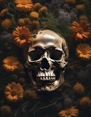 Skull of a human head sitting on wooden table surrounded by orange wildflowers