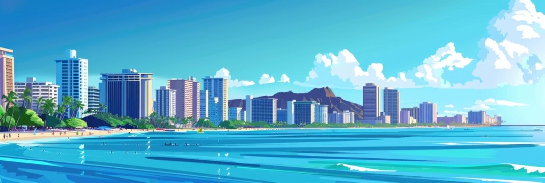 Beautiful Honolulu Skyline with Diamond Head Crater and Blue Ocean Front Background
