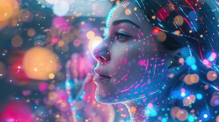 Dynamic science technology of AI android robot woman virtual vibrant lights colorful on futuristic background