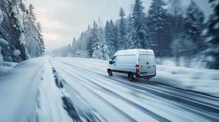 A white van is driving down a snow-covered road in a winter scene