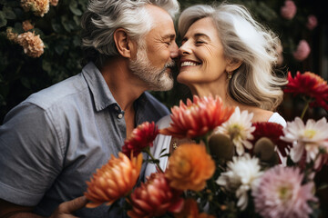 Obraz premium Beautiful mature couple kissing anniversary day generative AI portrait