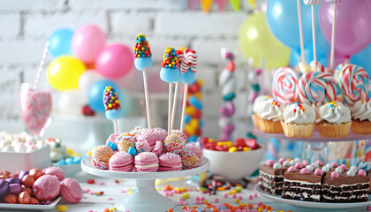 Tasty candy bar for Birthday on table near white brick wall