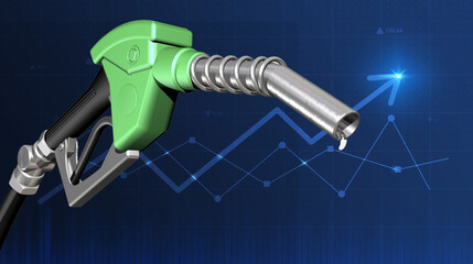 Oil price rising concept Gasoline green fuel pump nozzle isolated with drop oil on growth price bar chart background - obrazy, fototapety, plakaty