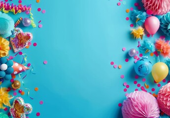"Colorful party items on blue background with space for carnival or birthday celebration