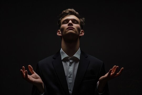 Businessman Hypnotist in Dark Background. Mesmerizing Adult Caucasian Male Using Hypnotic