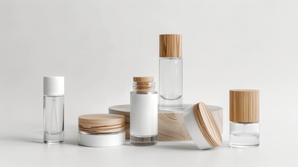 Plastic and wooden or bamboo cosmetics bottles mockup with blank labels, organic eco-friendly...