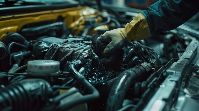 A mechanic wearing a yellow glove inspects a car engine.