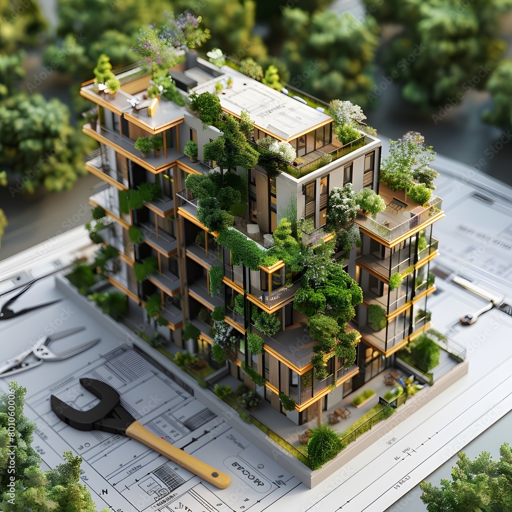 Poster a model of an apartment building with modern architecture and green spaces, surrounded by constructi