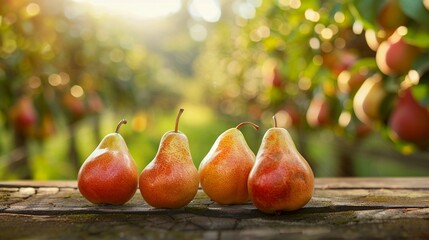 Ripe pears on a wooden table in an orchard. Generative AI.