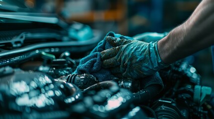 A mechanic in blue latex gloves is wiping an engine with a rag.