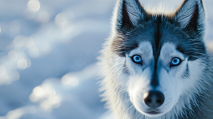 雪の中のシベリアンハスキー犬の顔のクローズアップ