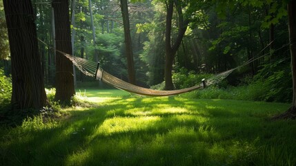 A hammock stretches between two trees the sun casting a dappled light across the vibrant green...