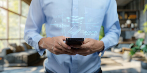 Hologram Ui shows about learning, studying, gaining knowledge, increasing skills in the online...