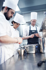 Food, team and chef in kitchen for catering service, fine dining or delicious dish. Hospitality,...