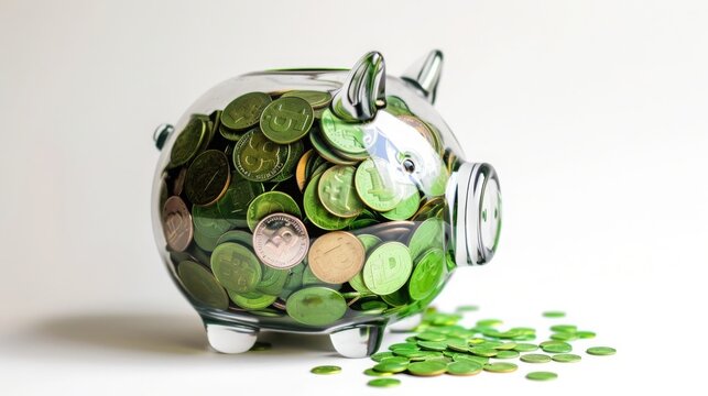 Transparent piggy bank half filled with green coins, white background, concept: Sustainability, sustainable investments, ESG, 16:9