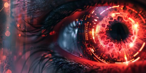red eye closeup with HUD technology virtual reality over pupil.  Macro of a futuristic cybernetic eye with glowing red circuits