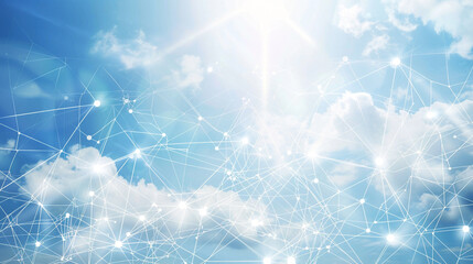 Abstract concept of cloud computing, with floating dots connected by ethereal lines against a bright, sky-blue background, depicting the expansive and intangible nature of the cloud.