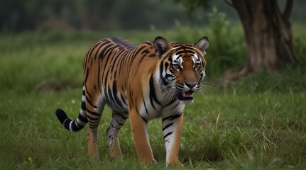 Obraz premium wild royal bengal tiger with spotted deer kill in his mouth or jaws with eye contact in natural green field of terai region forest at uttarakhand india.generative.ai 