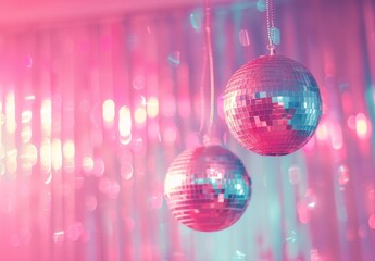 Obraz premium Indoors, shiny disco balls toned pink, space for text