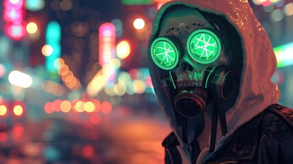 Fashion cyberpunk girl in white hoodie leather jacket wears gas mask filters. Colorful 3d render of human skull with cross in eyes, glowing green wires on night light bokeh in city.