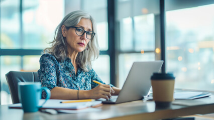 Fototapeta premium A senior woman executive multitasking with digital tools, exemplifying efficiency and technology in business