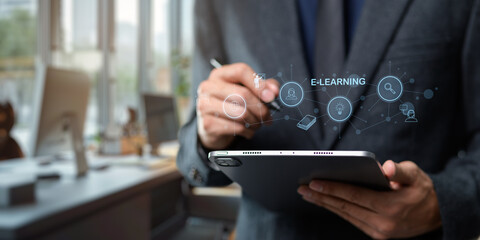 Hologram Ui shows about learning, studying, gaining knowledge, increasing skills in the online system. and in the classroom, online education, E learning